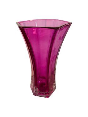 Hoosier Glass Pink Magenta Hexagonal Flared Vase Vintage 9 Inch